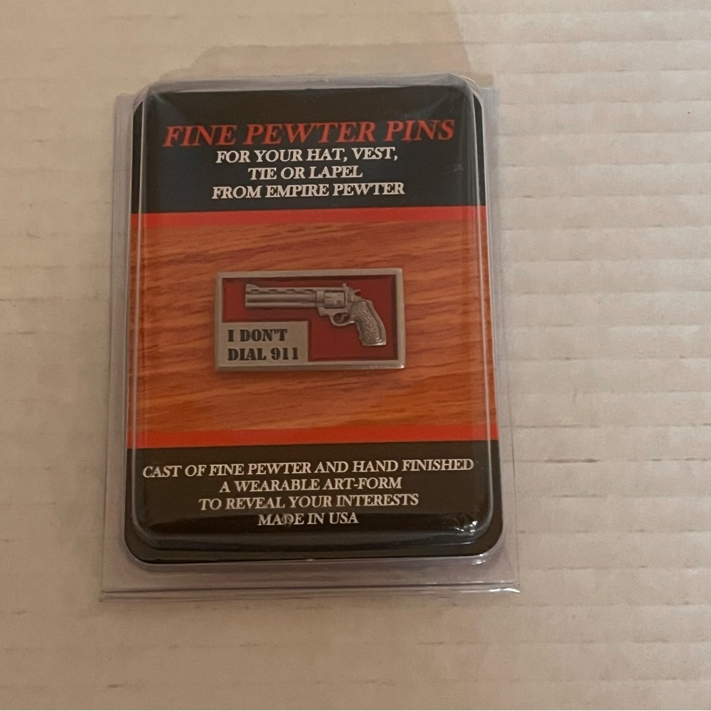 Empire Pewter "I Don't Dial 911" Revolver Pewter Pin For Hat Vest Tie Lapel